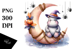 Hippo on Halloween Moon with Spiders PNG Product Image 1
