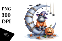 Hippo on Halloween Moon with Spiders PNG Product Image 1