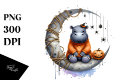 Hippo on Halloween Moon with Spiders PNG Product Image 1
