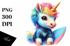 Colorful Unicorn in Surfer's Wetsuit PNG Product Image 1