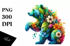 Vibrant Watercolor Bear with Flowers, PNG Product Image 1