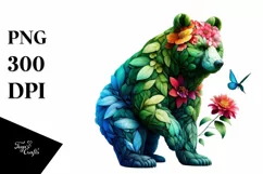 Vibrant Watercolor Bear with Flowers, PNG Product Image 1