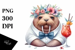 Young Walrus with Wreath Enjoying Cocktail | Clipart Product Image 3