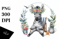 Young Zebra with Flowers Sitting on Beach Chair | Clipart Product Image 1