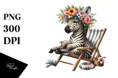 Young Zebra with Flowers Sitting on Beach Chair | Clipart Product Image 1