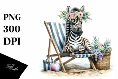 Young Zebra with Flowers Sitting on Beach Chair | Clipart Product Image 1