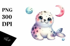 Colorful Watercolor Small Baby Spotted Seal with Moon Stars Product Image 1
