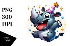 Goofy Cartoon Rhino with Party Hat, High-Res PNG Product Image 1