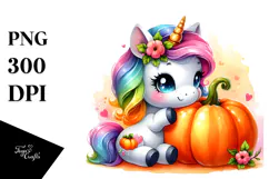 Cute Baby Unicorn with Pumpkin | Sublimation | Clipart Product Image 1