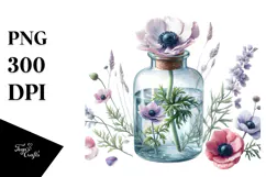 Watercolor Bottle with Large Anemone | Clipart Product Image 1