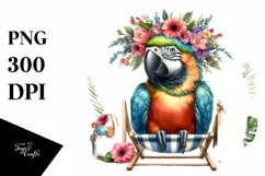Young Macaw with Flowers Sitting on Beach Chair | Clipart Product Image 3