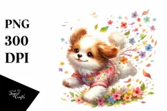 Colorful Dog Tumbling Petals Watercolor Sticker Clipart Product Image 1