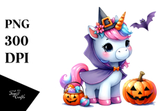 Cute Baby Unicorn with Pumpkins, Watercolor PNG Product Image 1
