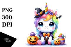 Cute Baby Unicorn with Pumpkins, Watercolor PNG Product Image 1