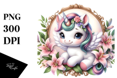 Pastel Unicorn with Lily Frame | Sublimation | Clipart Product Image 1