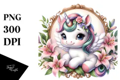 Pastel Unicorn with Lily Frame | Sublimation | Clipart Product Image 1