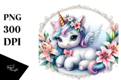 Pastel Unicorn with Lily Frame | Sublimation | Clipart Product Image 1