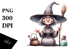 Funny Witch Watercolor Image, PNG Product Image 1