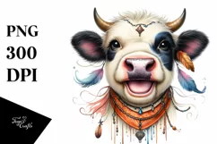 Detailed Boho Cow Portrait Smiling with Tongue Out Product Image 1