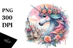 Colorful Baby Unicorn in Village Square, PNG Product Image 3