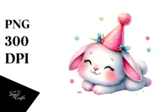 Cute Baby Bunny Resting with Party Hat PNG Product Image 1