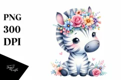 Cute Zebra with Flower Crown Clipart, Transparent PNG Product Image 1