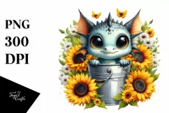 Cute Baby Dragon Surrounded by Sunflower PNG Product Image 1