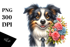 Watercolor Border Collie Flower Bouquet caricature-like Product Image 1