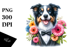 Watercolor Border Collie Flower Bouquet caricature-like Product Image 1