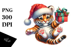 Cute Retro Baby Tiger with Santa Hat PNG Product Image 1