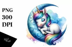 Baby Unicorn Napping on Moon, Magical PNG Product Image 1