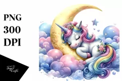 Baby Unicorn Napping on Moon, Magical PNG Product Image 1