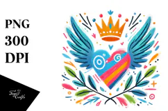 Colorful Heart with Wings and Crown, PNG Product Image 1