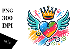Colorful Heart with Wings and Crown, PNG Product Image 1