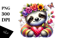 Adorable Sloth Holding Heart, Sepia PNG Product Image 1