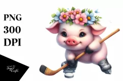 Watercolor Pastel Baby Pig Playing Hockey Product Image 3