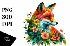 Vibrant Watercolor Fox with Flowers, PNG Product Image 1