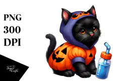 Halloween Black Cat, Watercolor Clipart Product Image 1