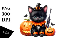 Halloween Black Cat, Watercolor Clipart Product Image 1