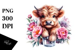a Cute Baby Highland Cow Peonies Floral Ornament | Clipart Product Image 3