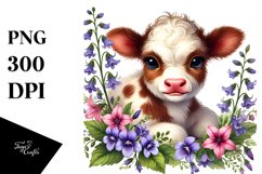 Cute Baby Highland Cow with Lobelia Floral Frame PNG Product Image 1