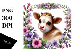 Cute Baby Highland Cow with Lobelia Floral Frame PNG Product Image 1