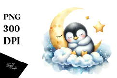Whimsical Baby Penguin Sleeping on Moon PNG Product Image 1