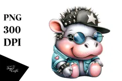 Energetic Punk Hippo with Sunglasses, Vibrant PNG Product Image 1