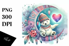 Baby Polar Bear on Half Moon with Big Heart, PNG Product Image 1