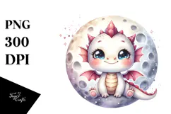 Cute Baby Dragon Smiling on the Moon | Sublimation | Clipart Product Image 1
