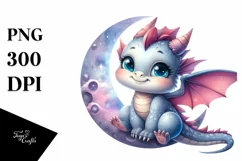 Cute Baby Dragon on the Moon Clipart Product Image 1