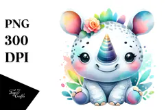 Cute Vibrant Rhino Watercolor Clipart Product Image 1