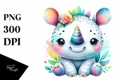 Cute Vibrant Rhino Watercolor Clipart Product Image 1