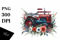 Floral Tractor with USA Flag | Sublimation Clipart Product Image 1